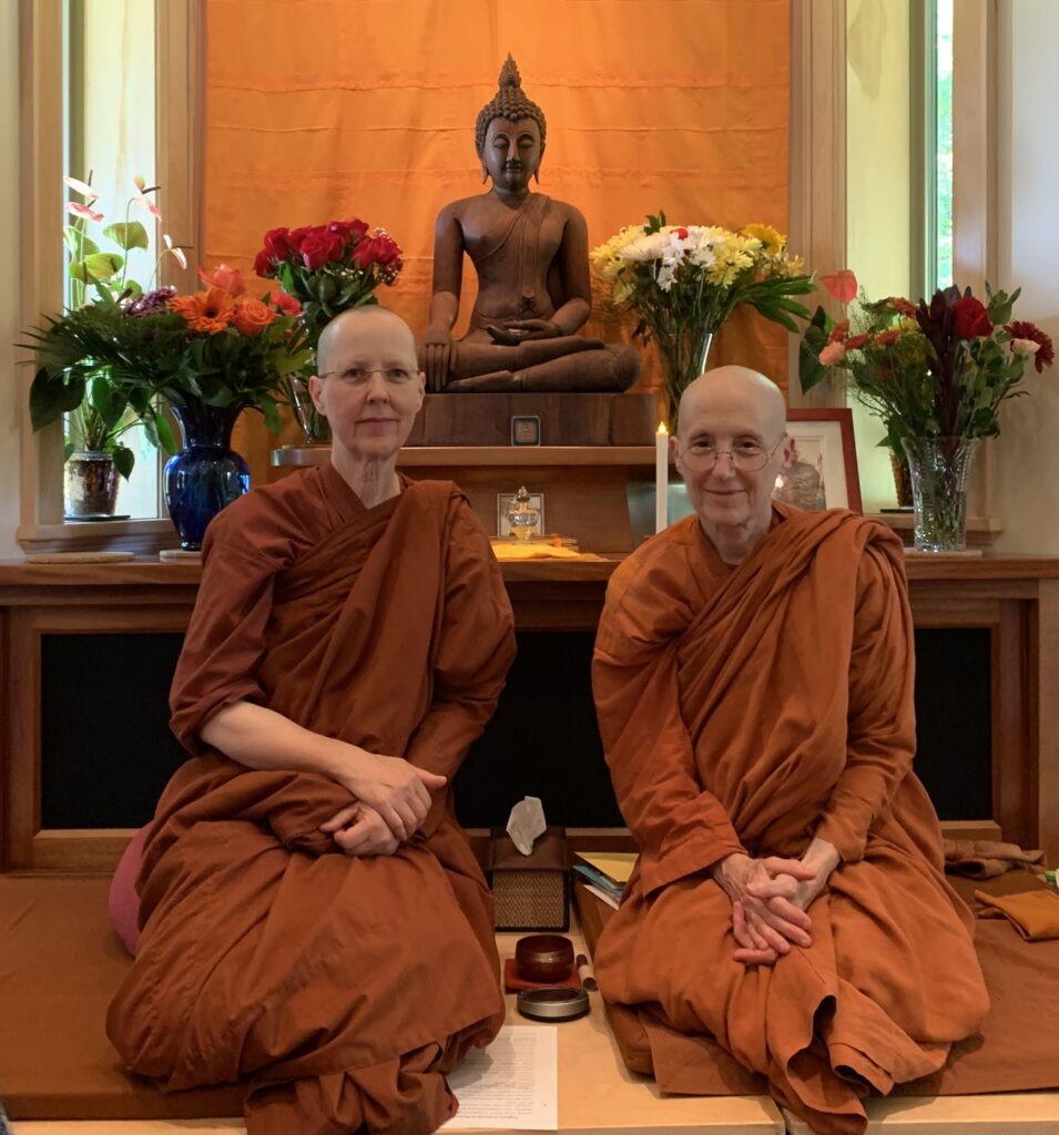 Two Theravada nuns sitting side by side in front of a Buddha shrine.